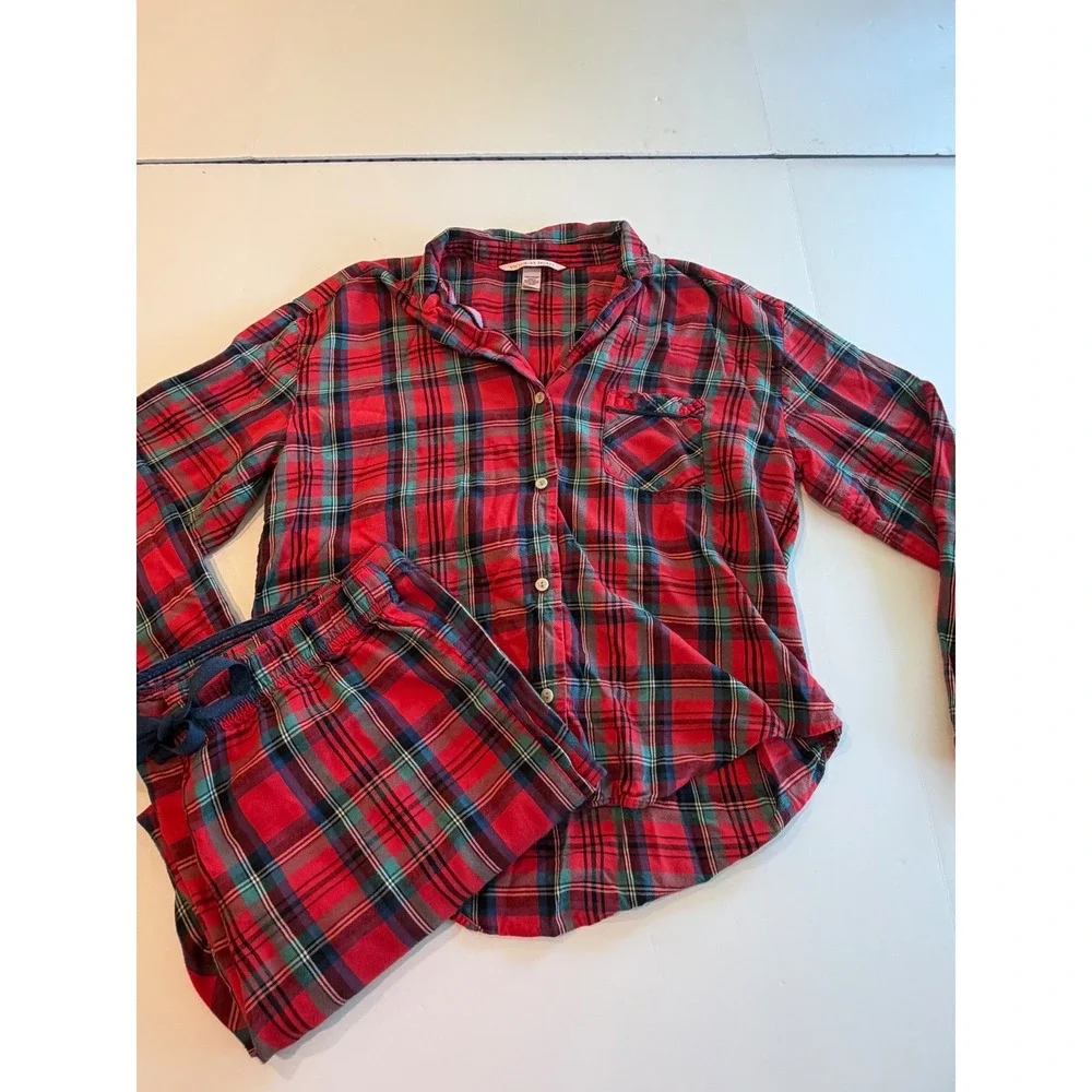 Victorias Secret Red Plaid Flannel Pajama Set Womens Medium Button Up 2 Piece
